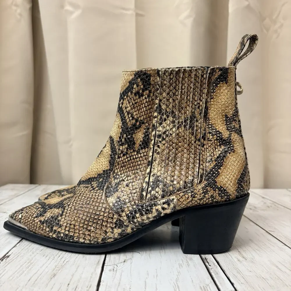 Flattered Snakeskin Boots Tan Black Python Western Ankle Booties EU 38 US 7.5